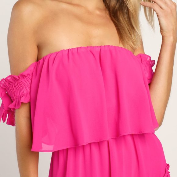 NWT Lulus Tiers to My Heart Hot Pink Off-the-Shoulder Ruffled Mini Dress - Picture 4 of 6